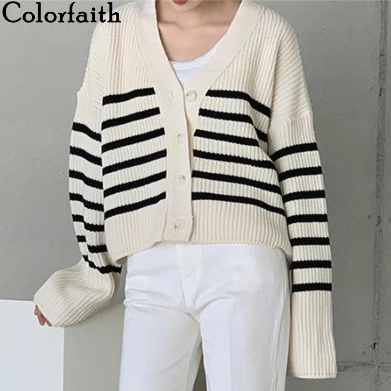 

Colorfaith New 2021 Women's Autumn Winter Sweaters Elegant Lady Cardigans Fashionable Striped Vintage Short Knitwear SWC3365