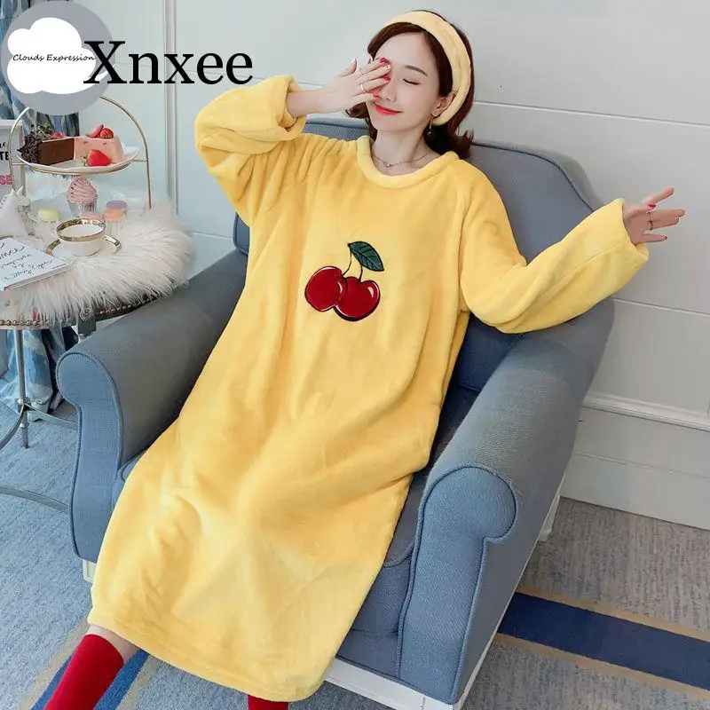 

Winter Long Sleeves Women Warm Sleepwear Coral Velvet Nightgown Loose Sleepshirts Wear Long Sleep&Lounge Dress Flannel Nightwear