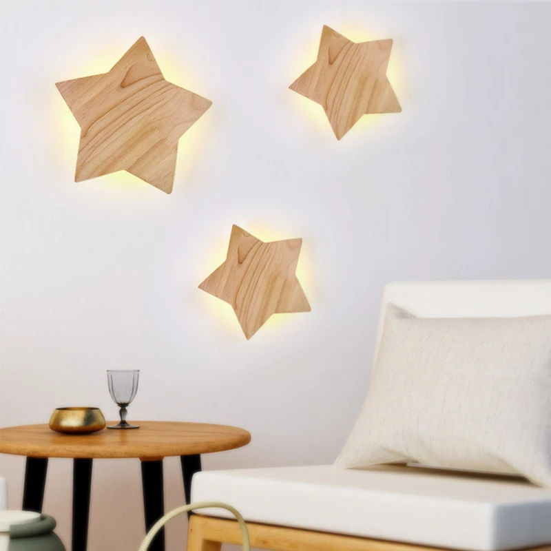 

Homhi Stars Wood Wall Lamps Luces Led Decoracion Dormitorio Kids Bedroom Decoration Hogar Modern Loft Style Lampara HWL-080