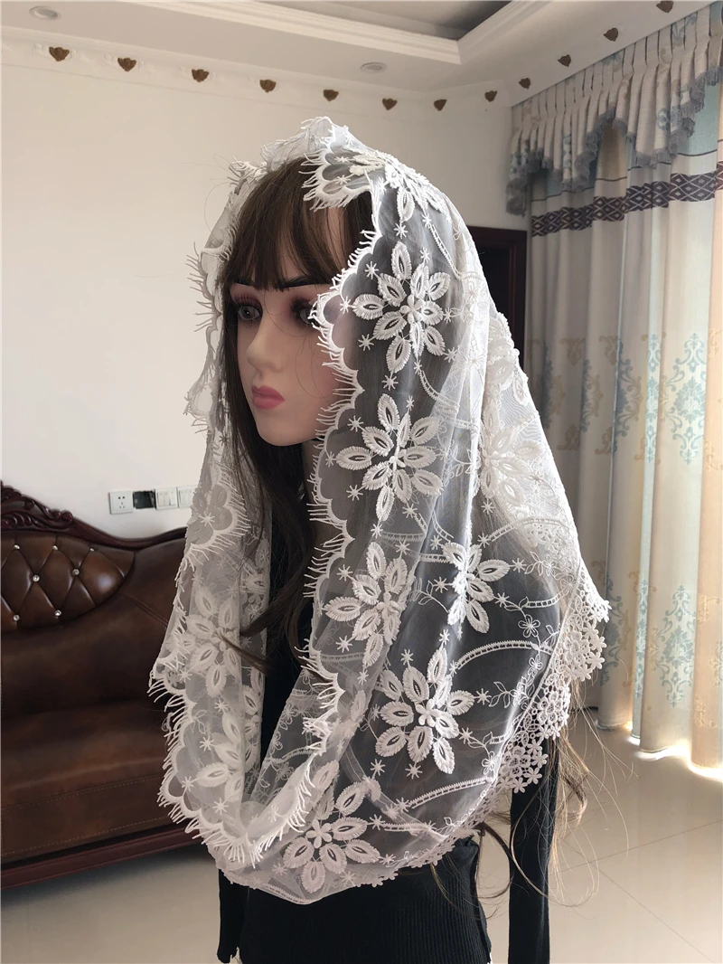 

White Women's Catholic Veil Head Cover Jerusalem Muslim Mass Lace Elegant Floral Mantilla vela Voile Noir Dentelle Veil Church