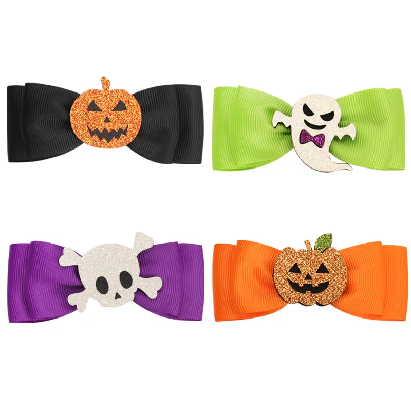 

ncmama 3.9" Hair Bows for Girls with Clips Halloween Decoration Bowknot Hairgrips with Skeleton Print Party Kids Headwear