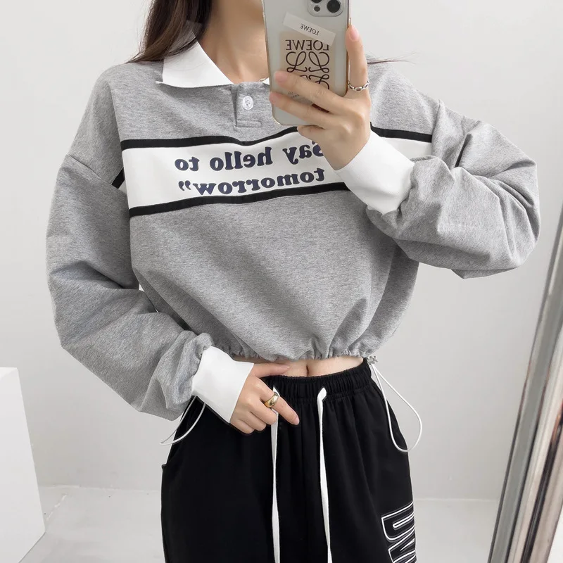 

2022 Korean Women's Clothing Set Lapel Tops Sweater Stitching Letter Pullover + Wide Loose Pants Street Clothing Casual Set