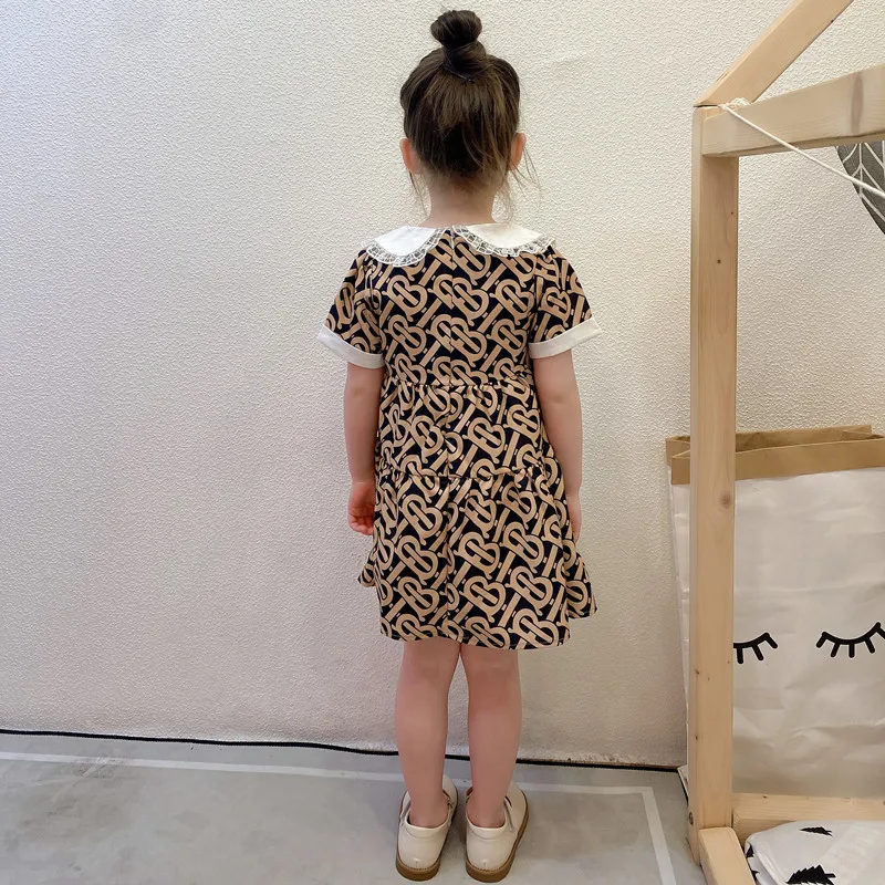 

New 2021 summer fashion girls clothes lapel children short-sleeved print stitching princess dress 2-8 years
