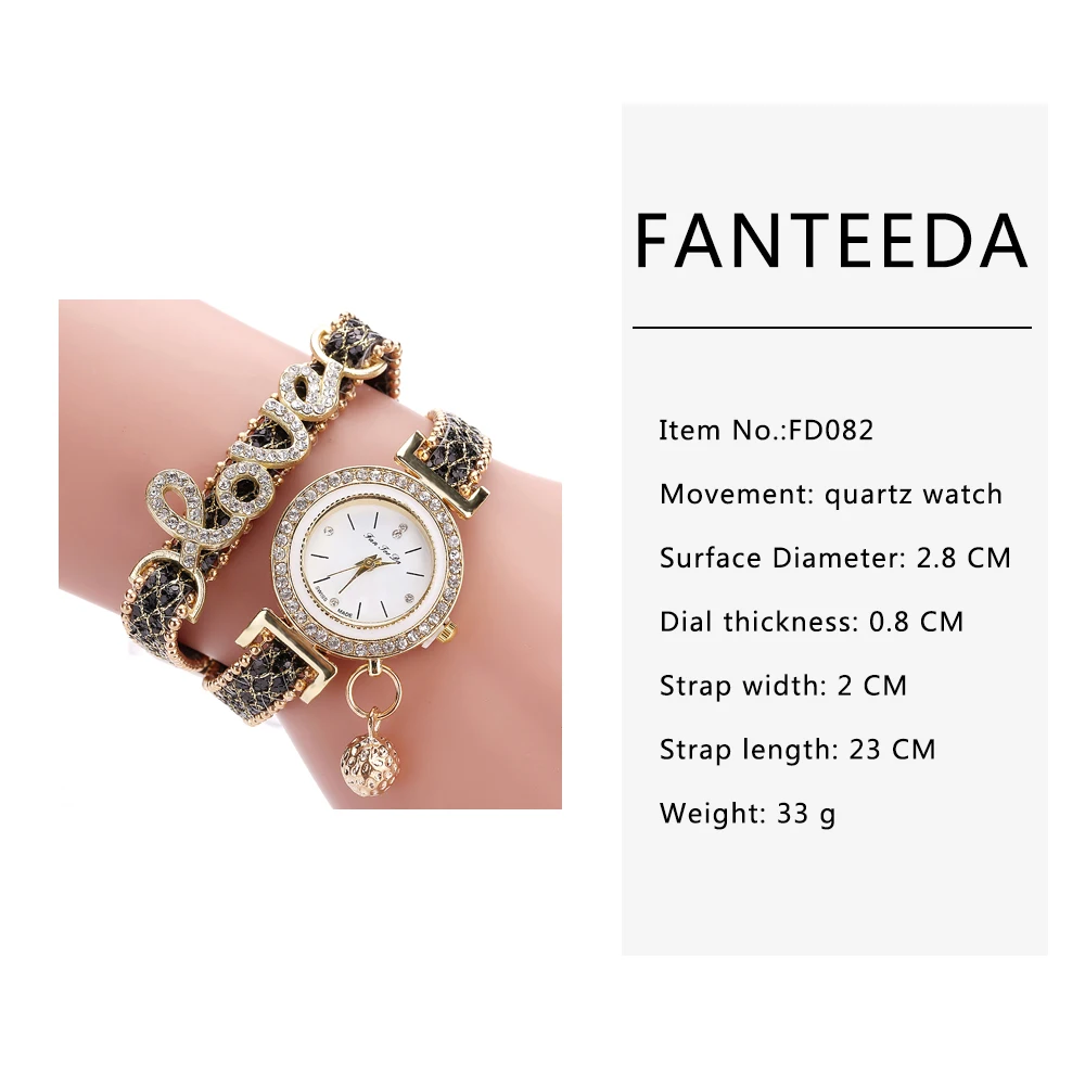 

FanTeeDa Top Brand Women Bracelet Watches Ladies Love Leather Strap Rhinestone Quartz Wrist Watch Luxury Fashion Quartz Watch