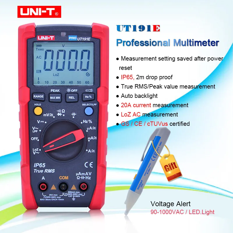 

UT191E True RMS Digital Multimeter,IP65 Waterproof,6000 Count DMM 20A 600V Volt ACV LOZ LPF Tester GS/CE/cTUVus Certified