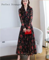 2021 autumn new arrival elegant m 4xl v collar flower printed long sleeve women chiffon long dress