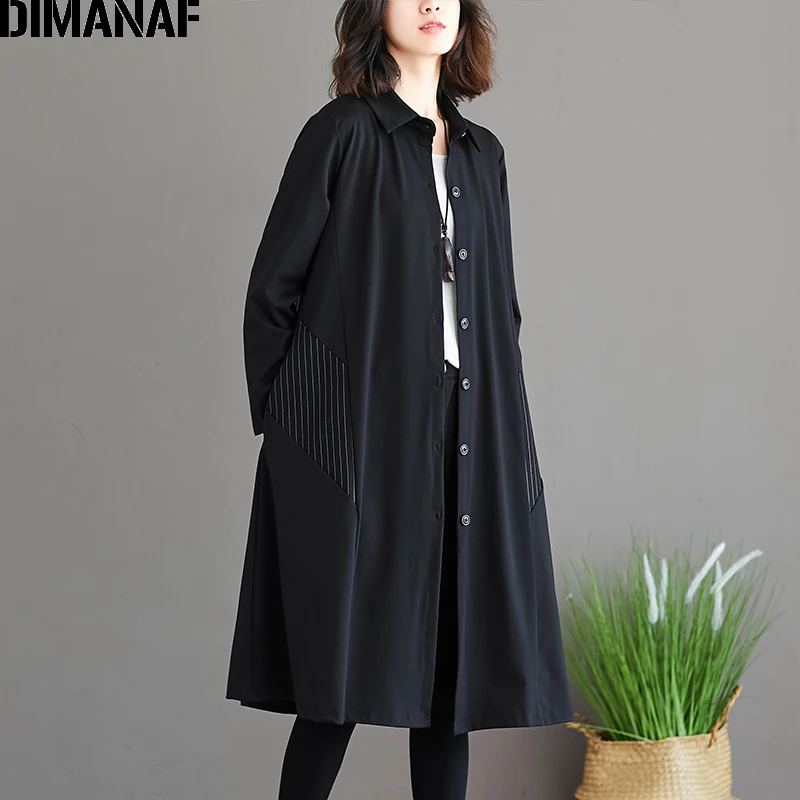 Gou92656CN DIMANAF Плюс Размер Женская куртка пальто осеннее винтажное черное Полосатое Женское пальто свободного кроя с длинными рукавами и пуговицами - Цвет: Gou92656CN