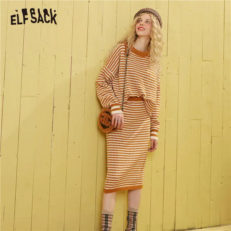 ELFSACK/Повседневный трикотажный пуловер в черную полоску женские комплекты осень