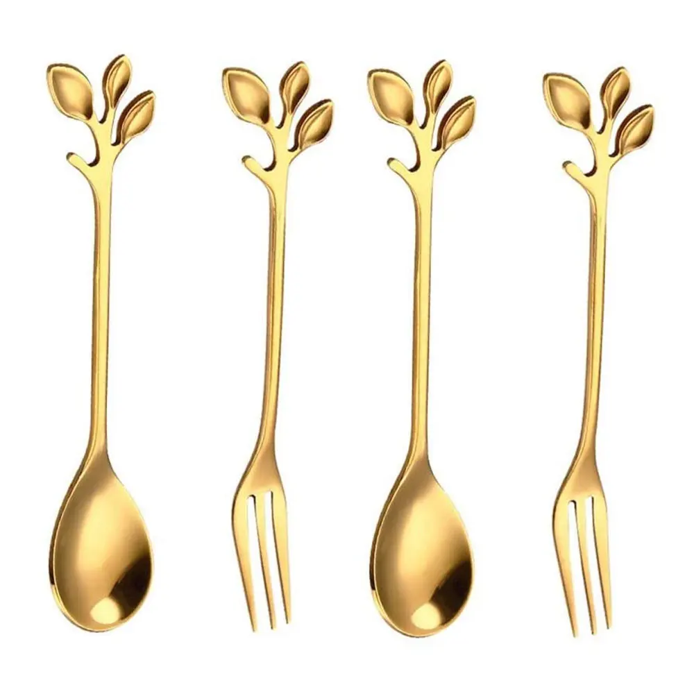 

Leaf Coffee Spoons Forks Stainless Steel Gold Creative Tableware Dessert Cake Ice-Cream Stirring Spoons Cake Sugar Spoon Fork