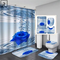 Blue Red Pink Rose Print Shower Curtain with Hooks  Bathroom Mat Set Anti-slip Soft Bath Carpet Lover Valentines Home Decoration