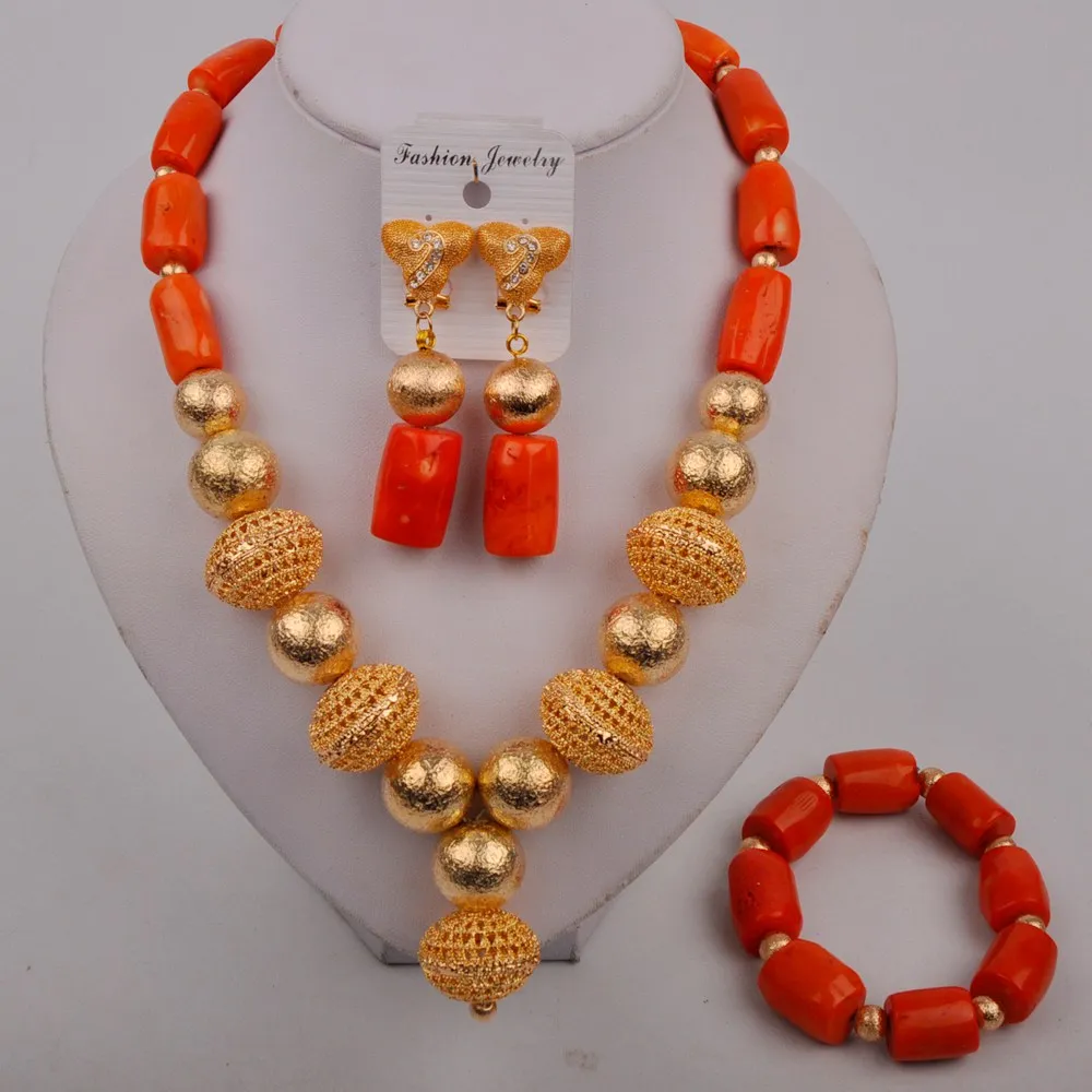 Нигерийские бусы оранжевое коралловое ожерелье серьги браслет набор Африканские свадебные ювелирные наборы