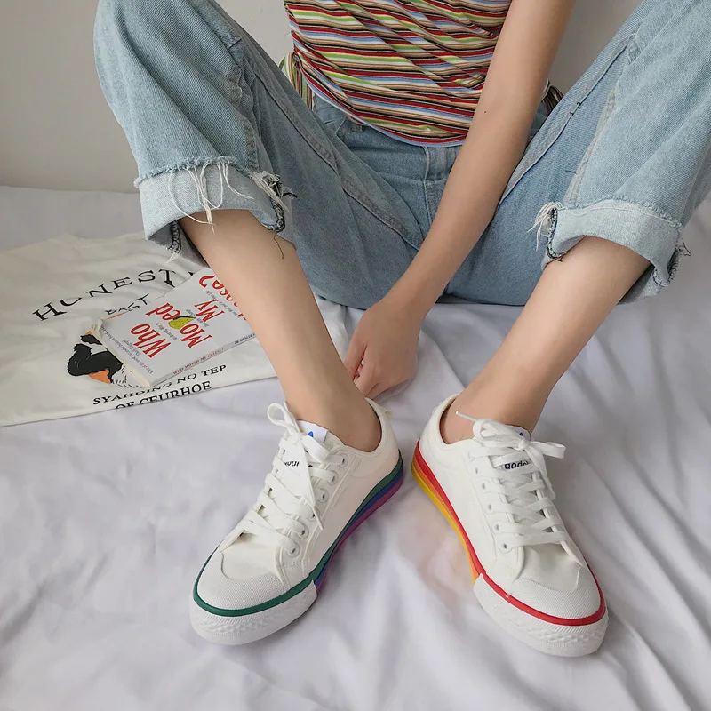 2020 новые радужные холщовые кроссовки женская обувь модные белые повседневная на