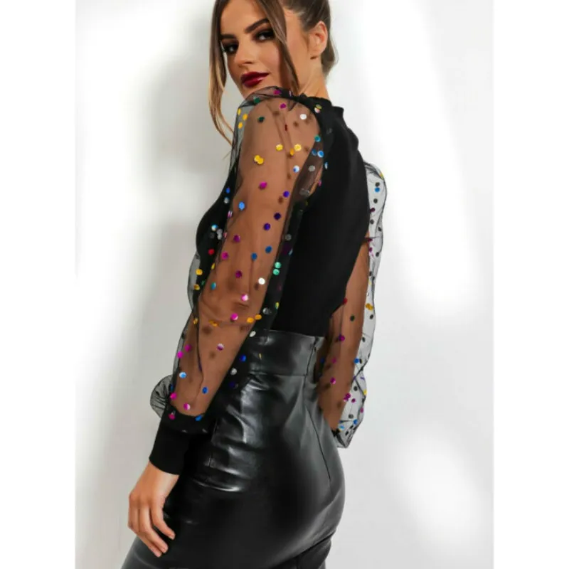 Женская футболка с блестками и длинным пышным сетчатым рукавом повседневная