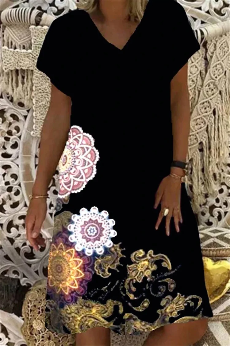 

Women Cotton Linen Summer Dress Vintage Loose V-neck Floral Print Short Sleeve Midi Dress Casual Beach Plus Size Dress