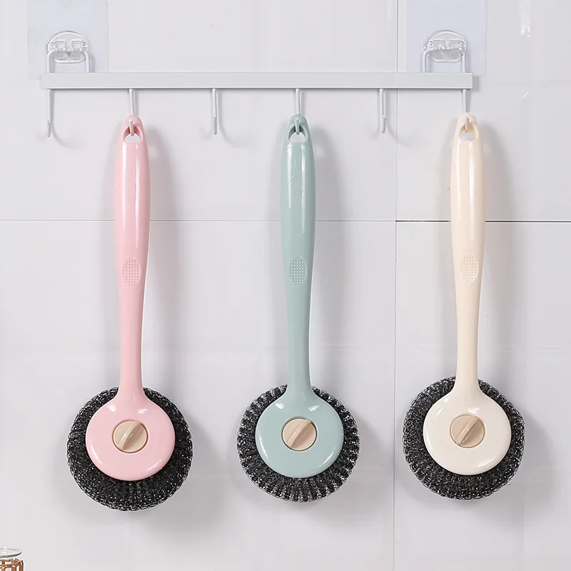 

Long handle with steel wire ball non-stick oil pan washing brush, kitchen hanging cleaning brush, degreasing dish washing brush