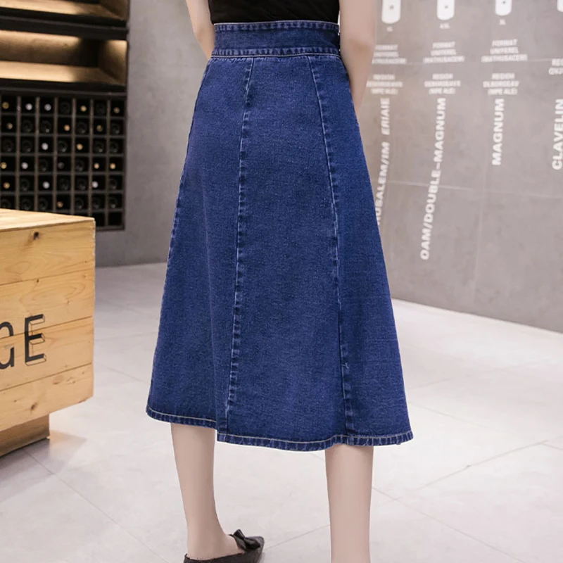 Синий Высокая уличная Женская длинная джинсовая юбка с коротким и широким