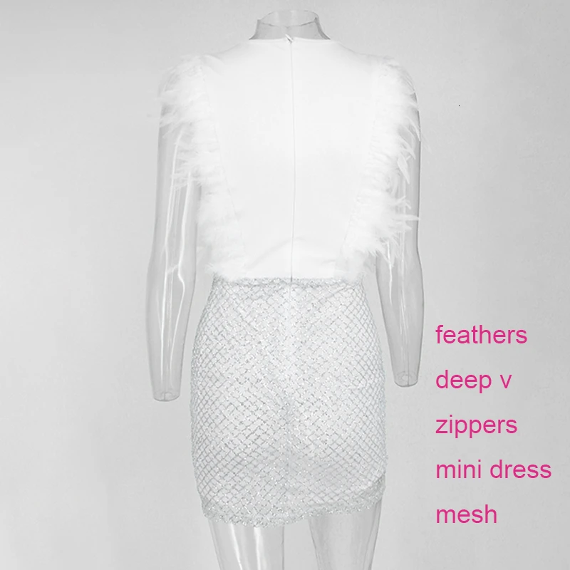 DRESSMECB, женские вечерние платья с перьями, Осенние винтажные платья с блестками и глубоким v-образным вырезом, Короткое мини-платье-карандаш без рукавов для ночного клуба