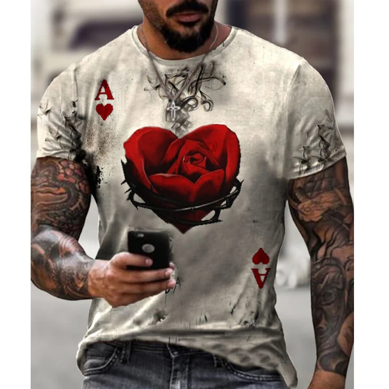 

Men's Poker Rose Printed 3DT Shirt Shirt Men's and Women's Round Neck Summer Short Sleeve Casual Fashion T-shirt Boys and Girls