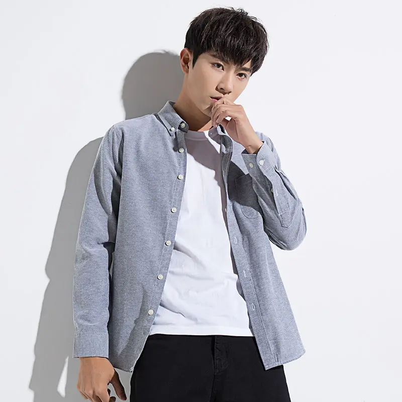 Модные мужские рубашки Оксфордские с длинными рукавами молодежные белые для