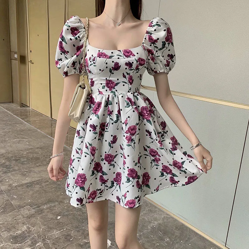 

French minority bubble sleeve retro square neck rose sweet broken flower dress female summer