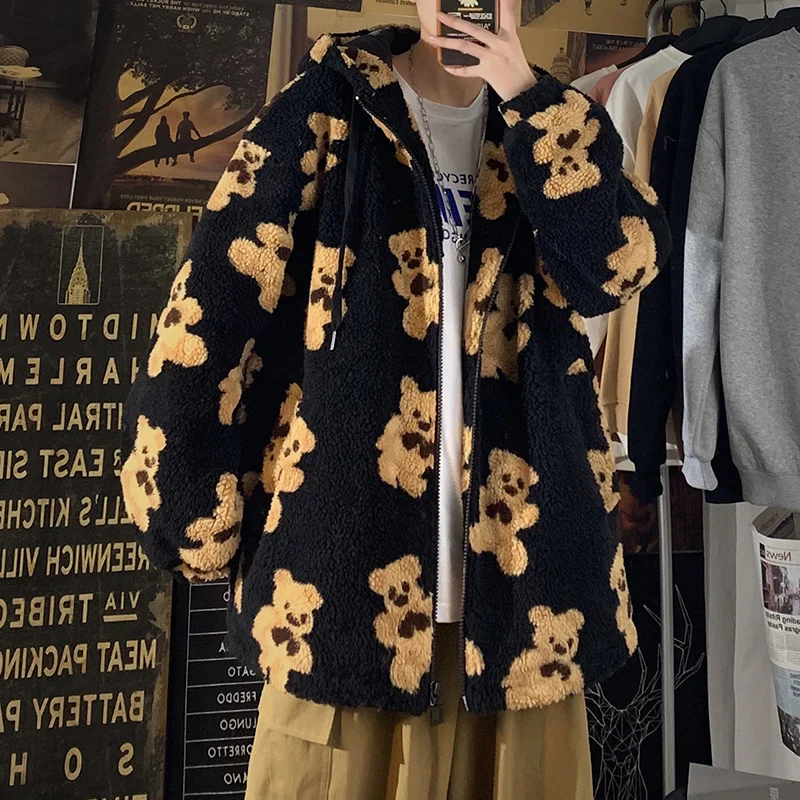 Bear Cotton-Padded Coat Men's Winter Thickened All-Matching Lamb Wool Coat Korean Fashion Couple Hooded Plush Cotton-Padded