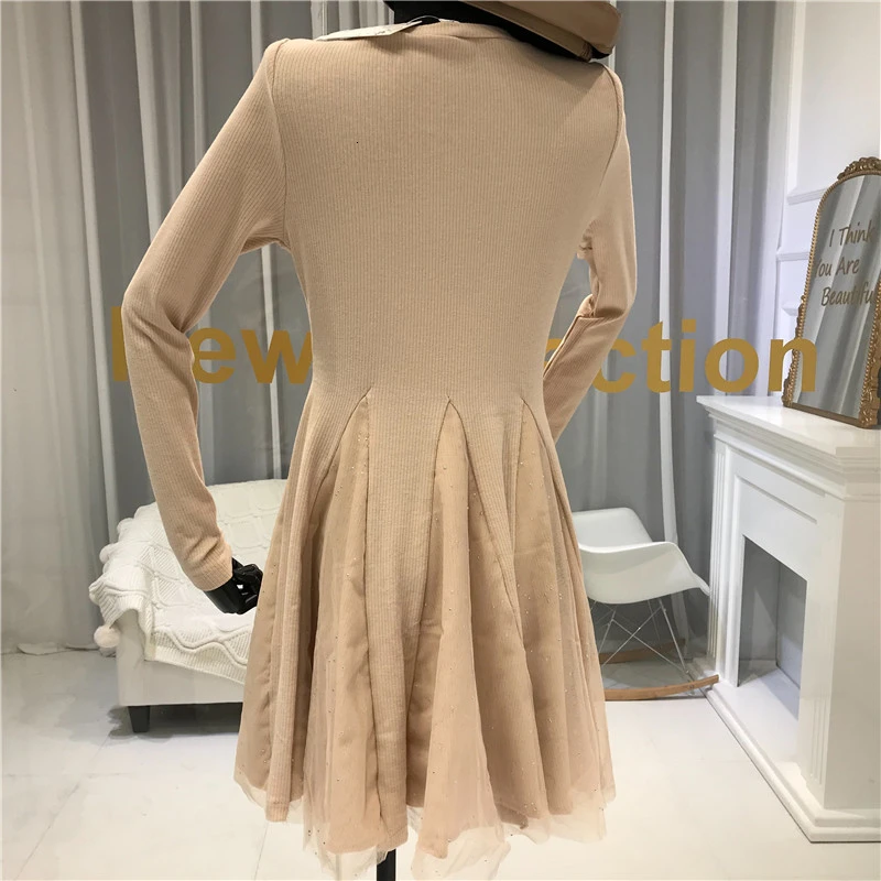 

Elegant Knitted Mesh Patchwork Dress 2020 Spring Women Long Sleeve O Neck Ball Gown mini Dress Casual Knit A Line vestidos