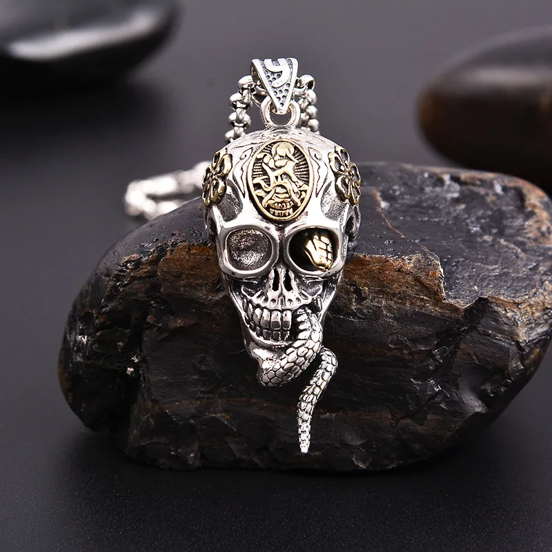 

100% Pure 925 Sterling Silver Skull Pendant For Biker Man Cool Snake Budda Sculpture Mens Vintage Gothic Punk Pendants Jewelry