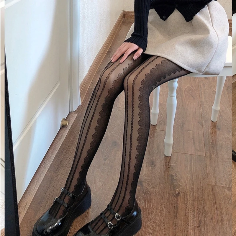 Женские прозрачные колготки в стиле &quotЛолита&quot кружевные полоску с цветочным
