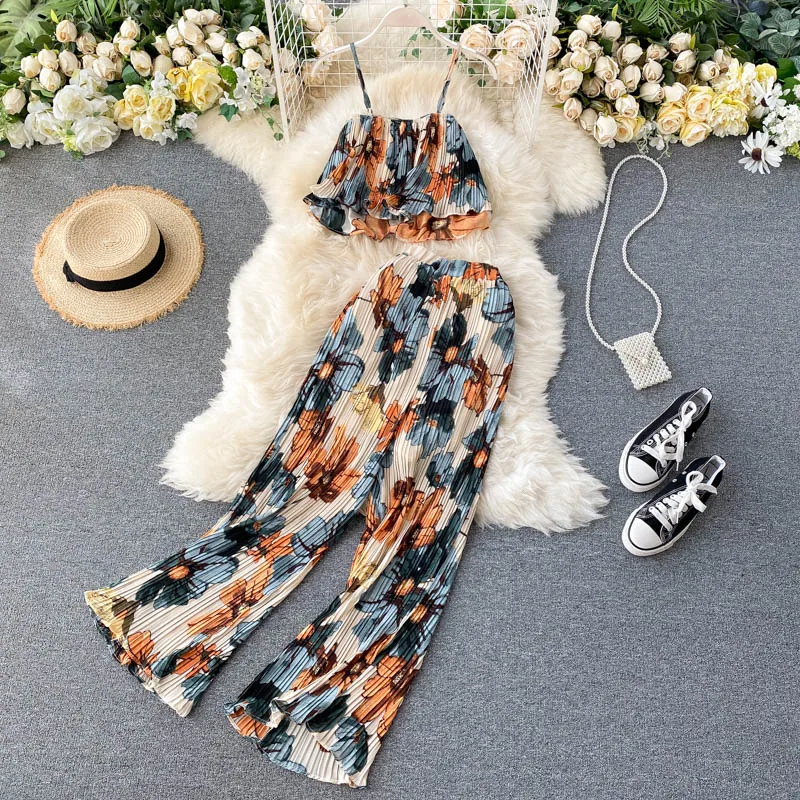 

Women's Clothing Summer Sets Vacation Style Printed Short Camisole Pleated High-waist Wide-leg Pants Two-piece New Casual Sets