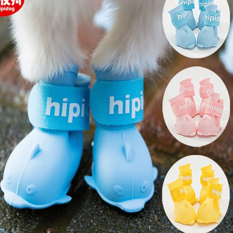 

Hot Sales 4Pcs/set Puppy Pet Dog Rainshoes Silicone Portable Anti Slip Waterproof Dog Cat Rain Teddy Shoes Cute Style Dog Boots