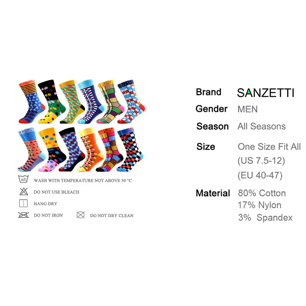 SANZETTI Men's Colorful Combed Cotton Happy Novelty Socks Hip Hop High Quality Skateboard Plaid Geometric Funny Socks For Gifts
