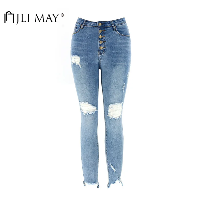 

JLI MAY Women's Jeans Solid Patchwork Single Breasted Hole Ripped High Waist Elastic Skinny Full Length Pencil Jean