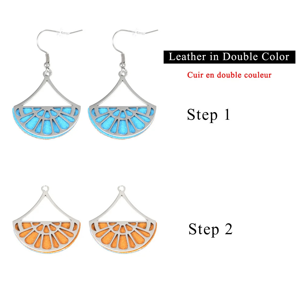 Blue and Brown Cremo Stainless Steel Geometric Fan Pendant Earrings for Women Georgette Drop Hanging Earrings Leather Dangle Earrings Jewelry - Metal Color: Blue and Brown