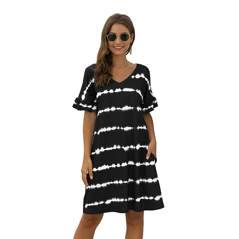 CINESSD V Neck Pocket Wavy Stripes Tie Dye Casual Dress Ruffles Short Sleeves Pullover A Line Soft Elastic Women Print Dresses | Женская