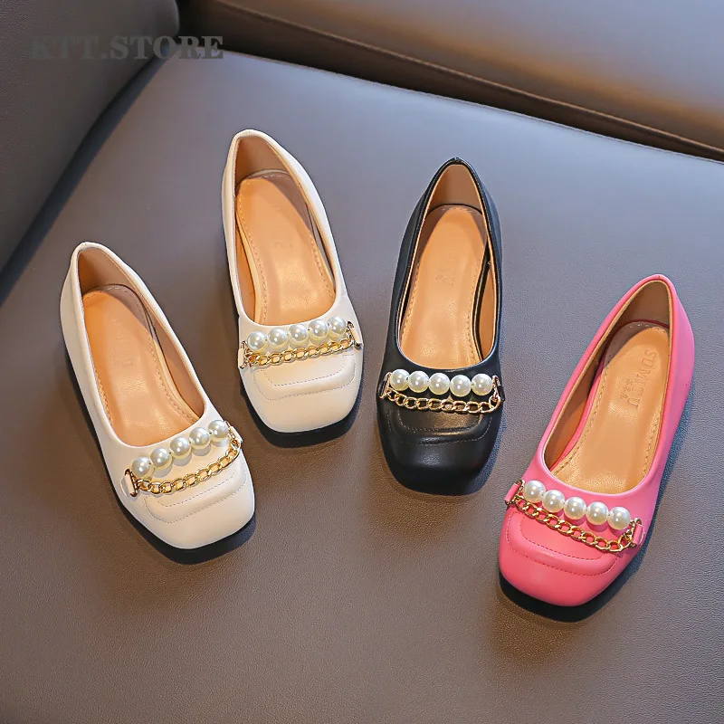 

KTT Toddler Girls Flats Shoes Children Leather Shoes with Pearls Party and Dance Show Shoes for Kids Girls School Fashion Flats