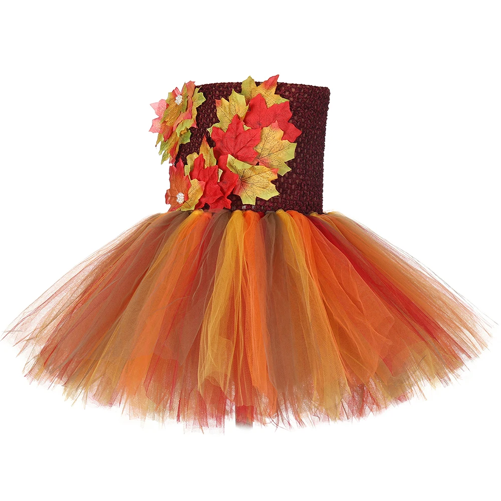 Осенне осеннее платье пачка для девочек детское с коричневыми листьями дня