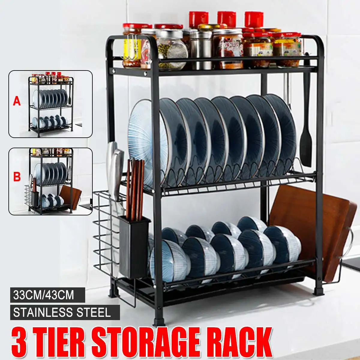 

3 Tier 33cm/43cm Stainless Steel Kitchen Shelf Organizer Dishes Drying Rack Kitchen Storage Holder With Bowl Rack