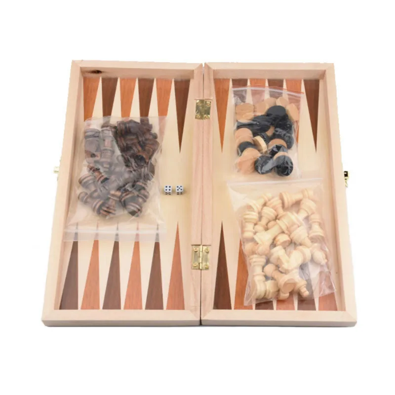 

Foreign Trade Hot Sale Folding Wooden Three-in-one Chess Set Chess Board Solid Wood Chess 29.5*29*2cm