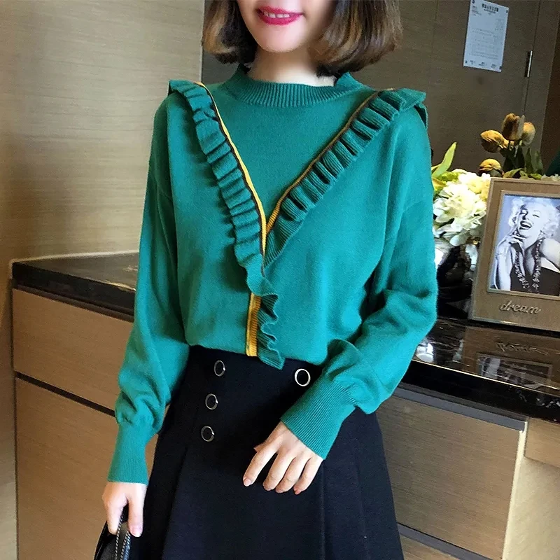 

Ruffles Contrast Color Patchwork Pullovers Jumpers Long Sleeve Top O Neck Sweater Women Vintage Fashion Knitwear Clothing