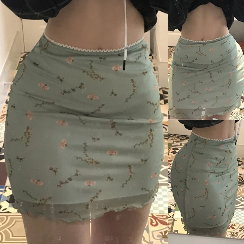 

Women High Waist Floral Print Double Layer Mesh Patchwork Slim Mini Pencil Skirt