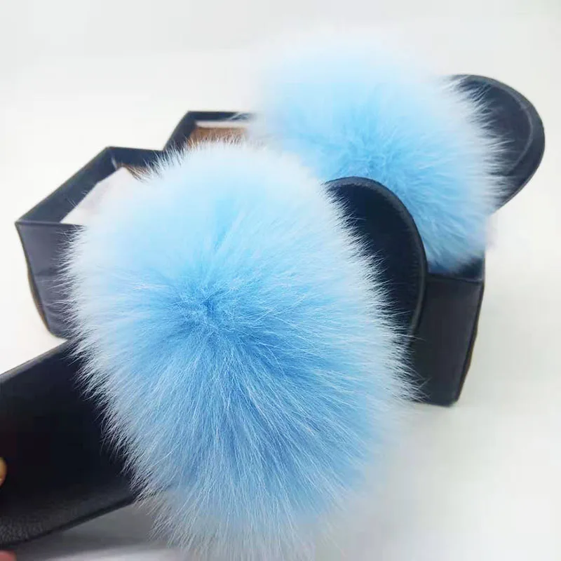 Light Blue ; Шлепанцы из натурального Лисьего меха; женские/мужские пушистые сандалии; женские шлепанцы с мехом; женские шлепанцы из лисьего меха; большие размеры - Цвет: Light Blue