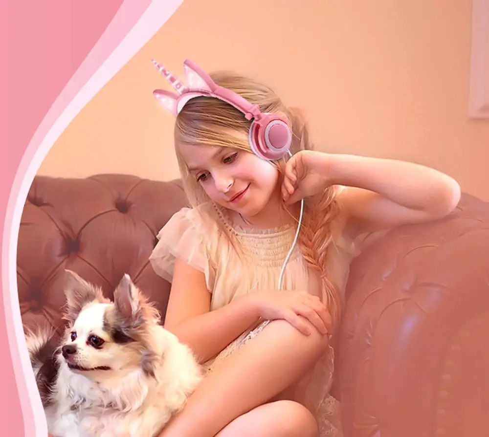 LIMSON складные Проводные милые мигающие розовые наушники с кошачьими ушками и