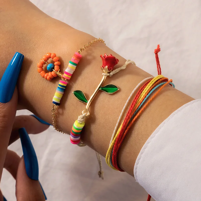 

3 Pcs/Set 2021 Color Beaded Flower Charm Bracelet for Women Ethnic Style Woven Multi-layer Rope Chain Bracelet Fashion Jewelry