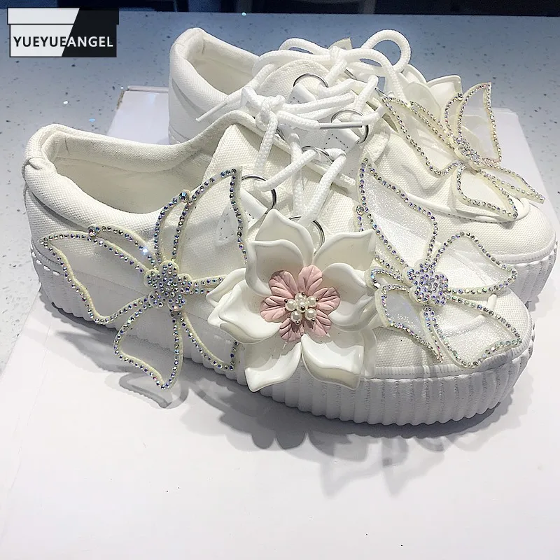 

Women Canvas Shoes Luxury Appliques Flower Diamonds Platform Shoes Lace Up Casual Shoes Fashion Cosplay Lady Kawaii Lolita Shoes