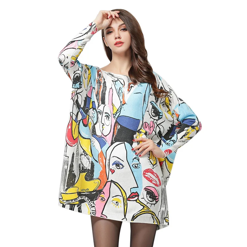 

2019 Autumn New Style Fat mm Plus-sized Women's Clothing Sweater Smiling Face Graffiti Printed Wool Blended Sweater Top Women's