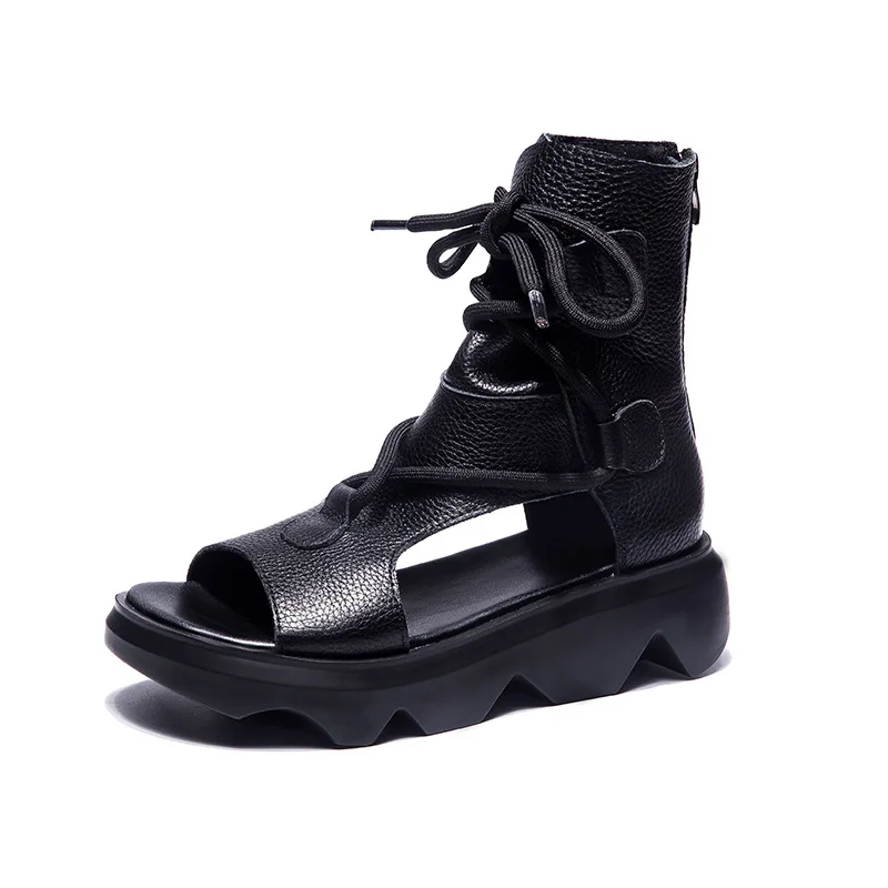 

Roman 2021 new leather slope heel high top women's sandals bandage fashion summer boots