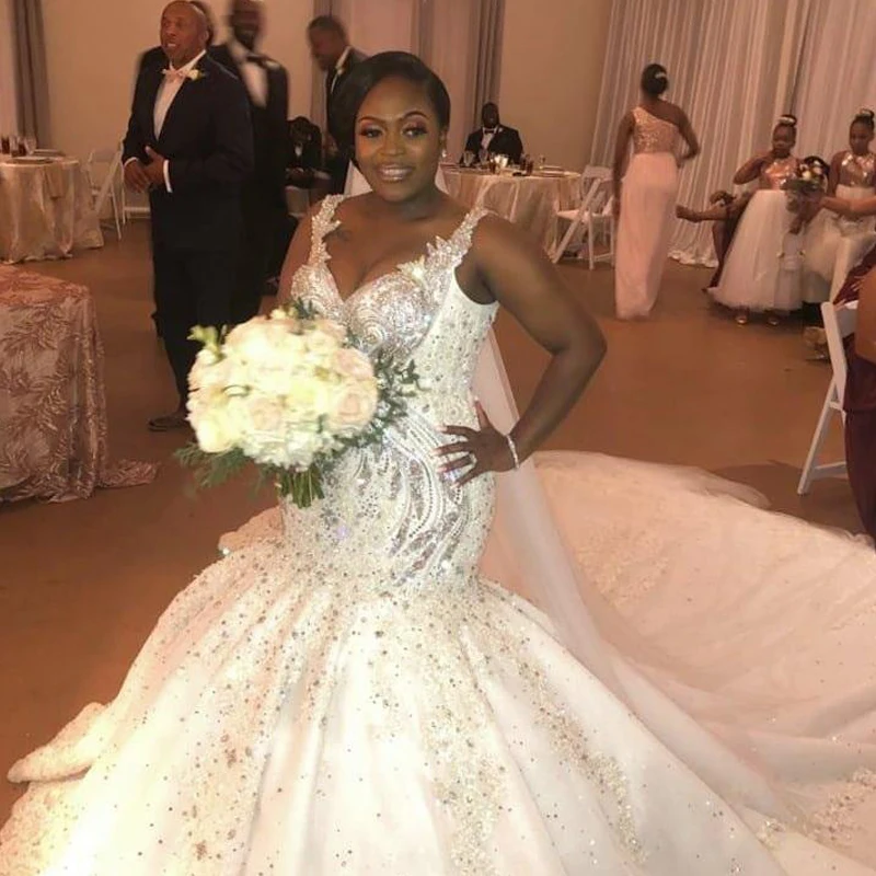 

Размера плюс с украшением в виде кристаллов Свадебные платья Русалочки V образным вырезом бисером свадебное с блестками платья Африка свад...