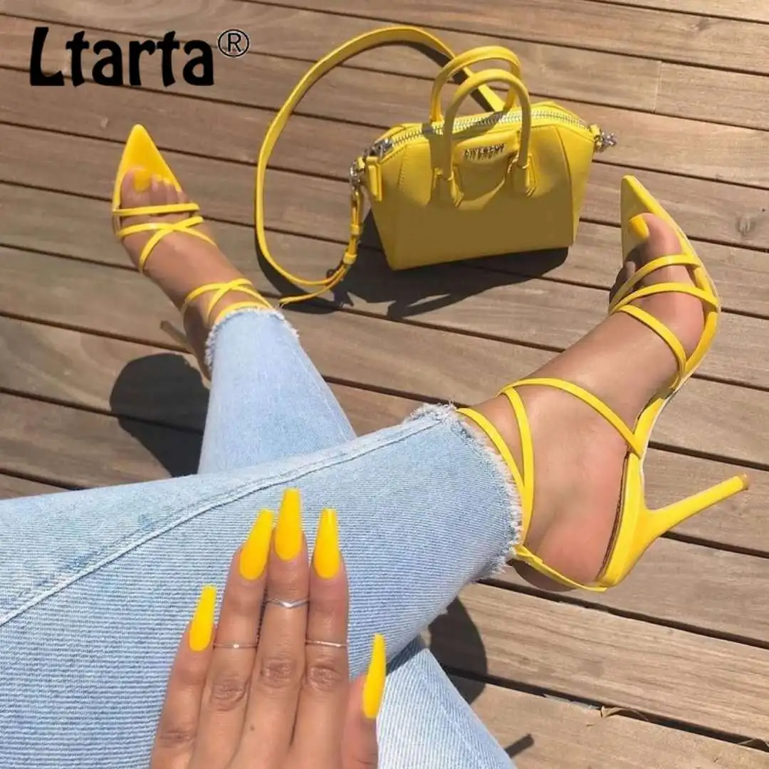 LTARTA/пикантные желтые босоножки; женские босоножки; Новинка; летние туфли с острым открытым носком и перекрестными ремешками на шпильках с острым носком; ZL-222-5 на каблуке 11,5 см