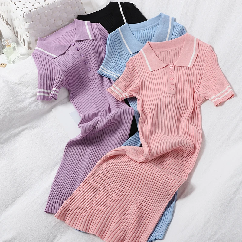 

Knitted Women Dress Harajuku Preppy Style Turn-Down Collar Short Sleeve Bodycon Mini Summer Female Dresses Vestidos W131