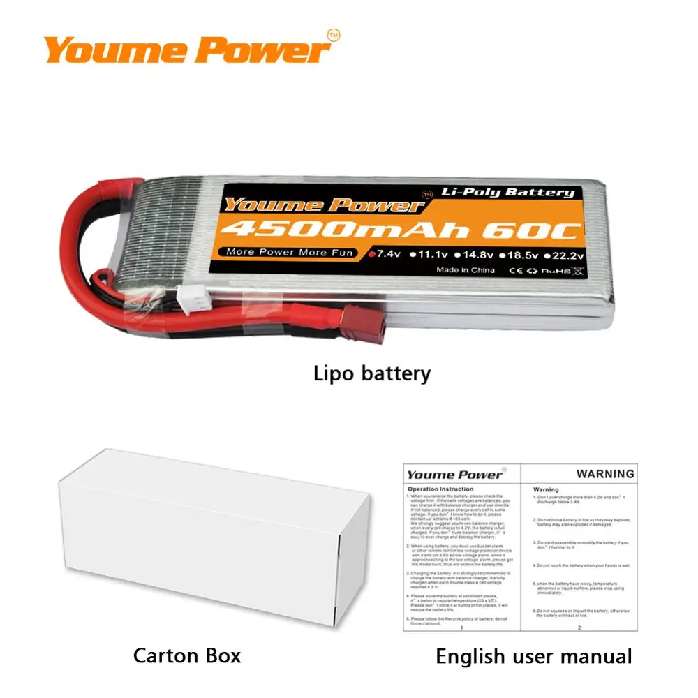 

2PCS Youme Lipo Battery 2S 7.4V 4500mah 60C T Plug XT60 EC3 EC5 XT90 Female RC Racing Car Drone Helicopter Boat Airplanes Parts